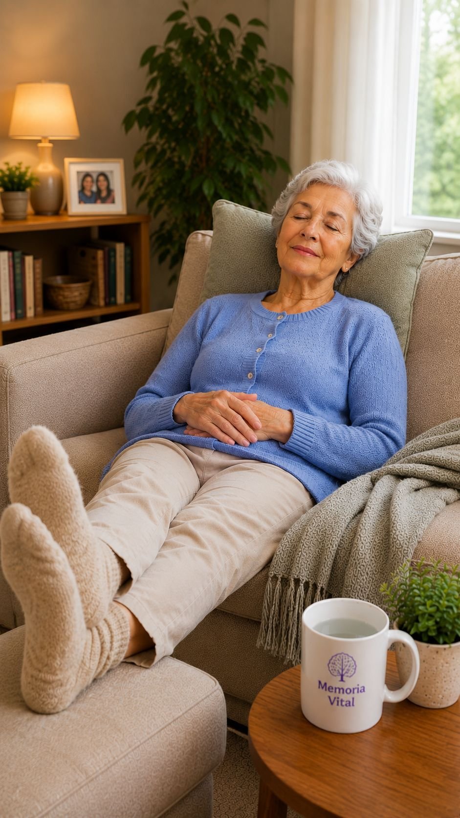 La señora descansando en un sillón con los pies elevados