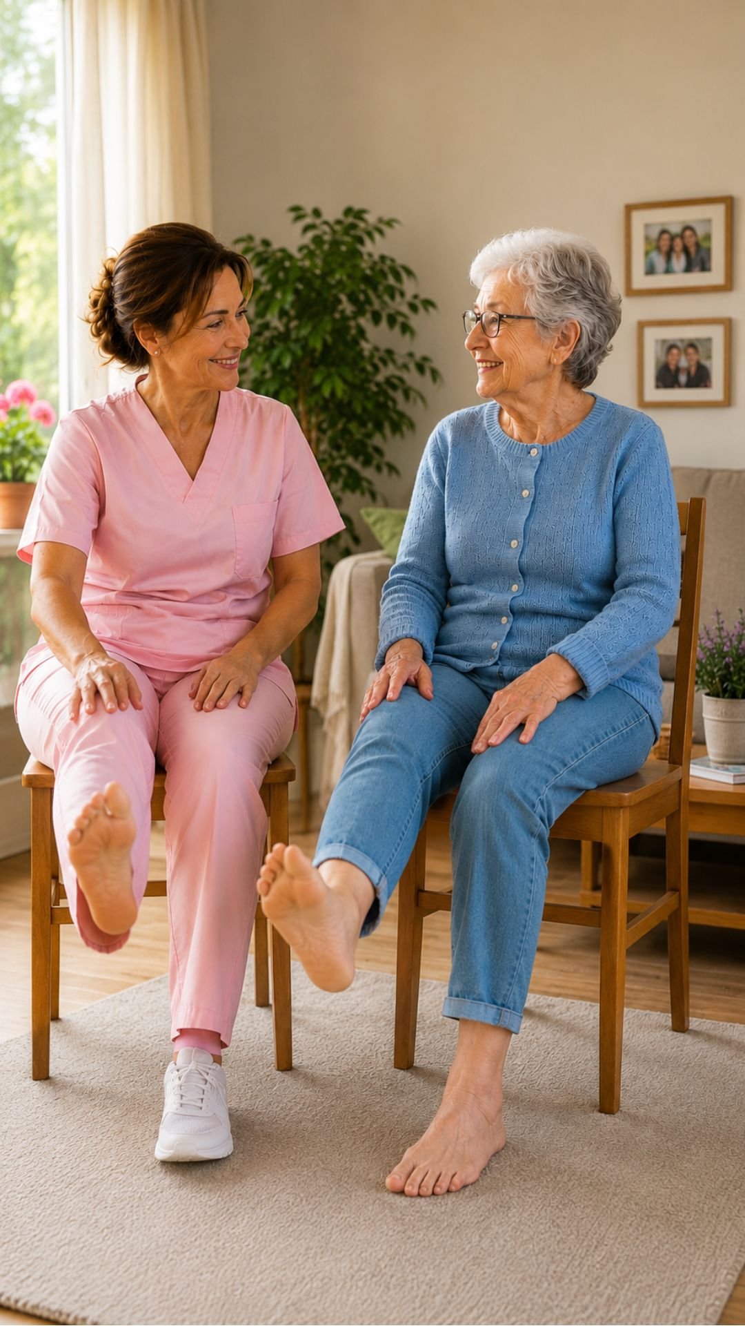 Elena y la señora haciendo ejercicios sentadas