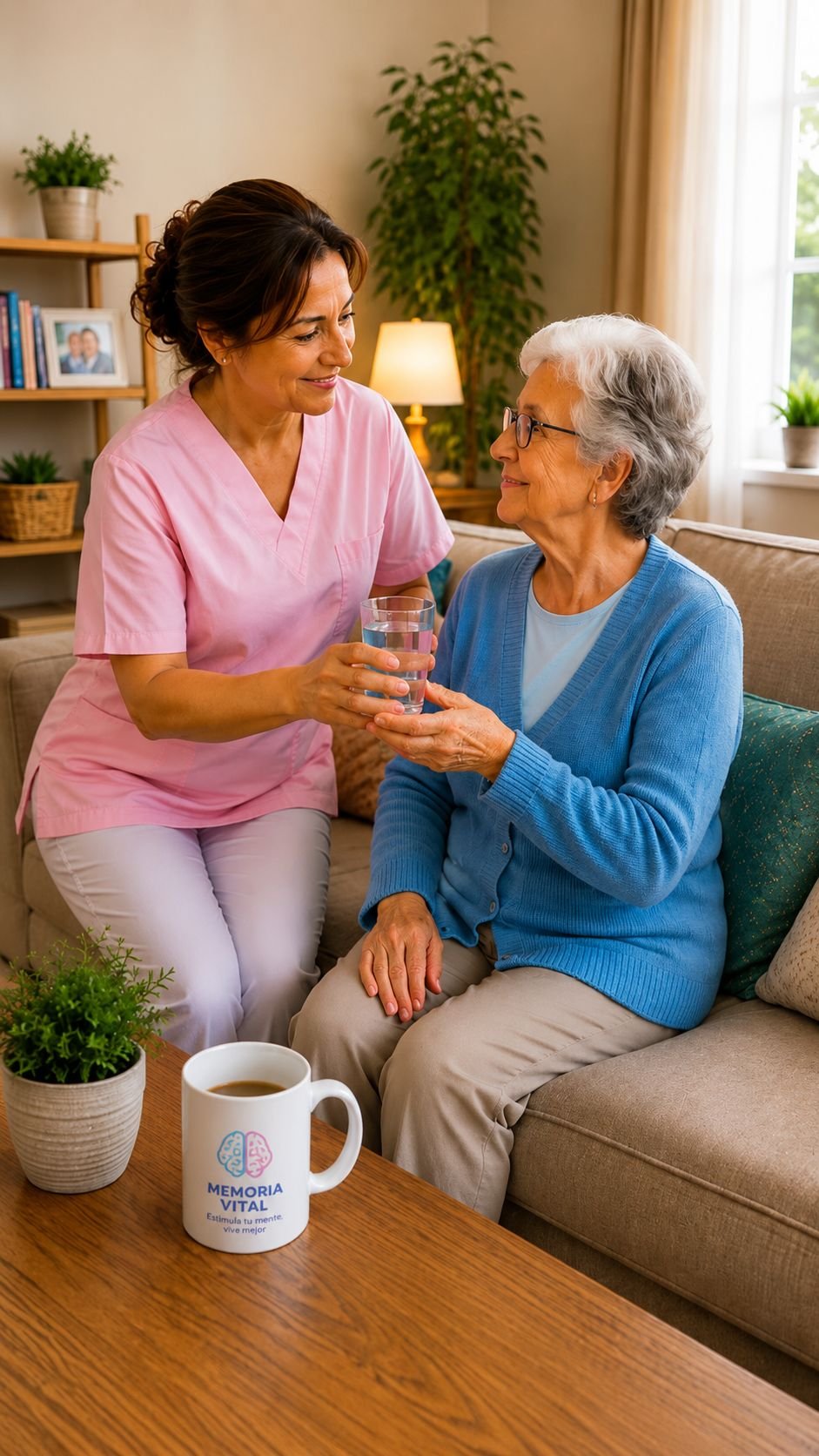 Elena ofreciendo un vaso de agua a la señora