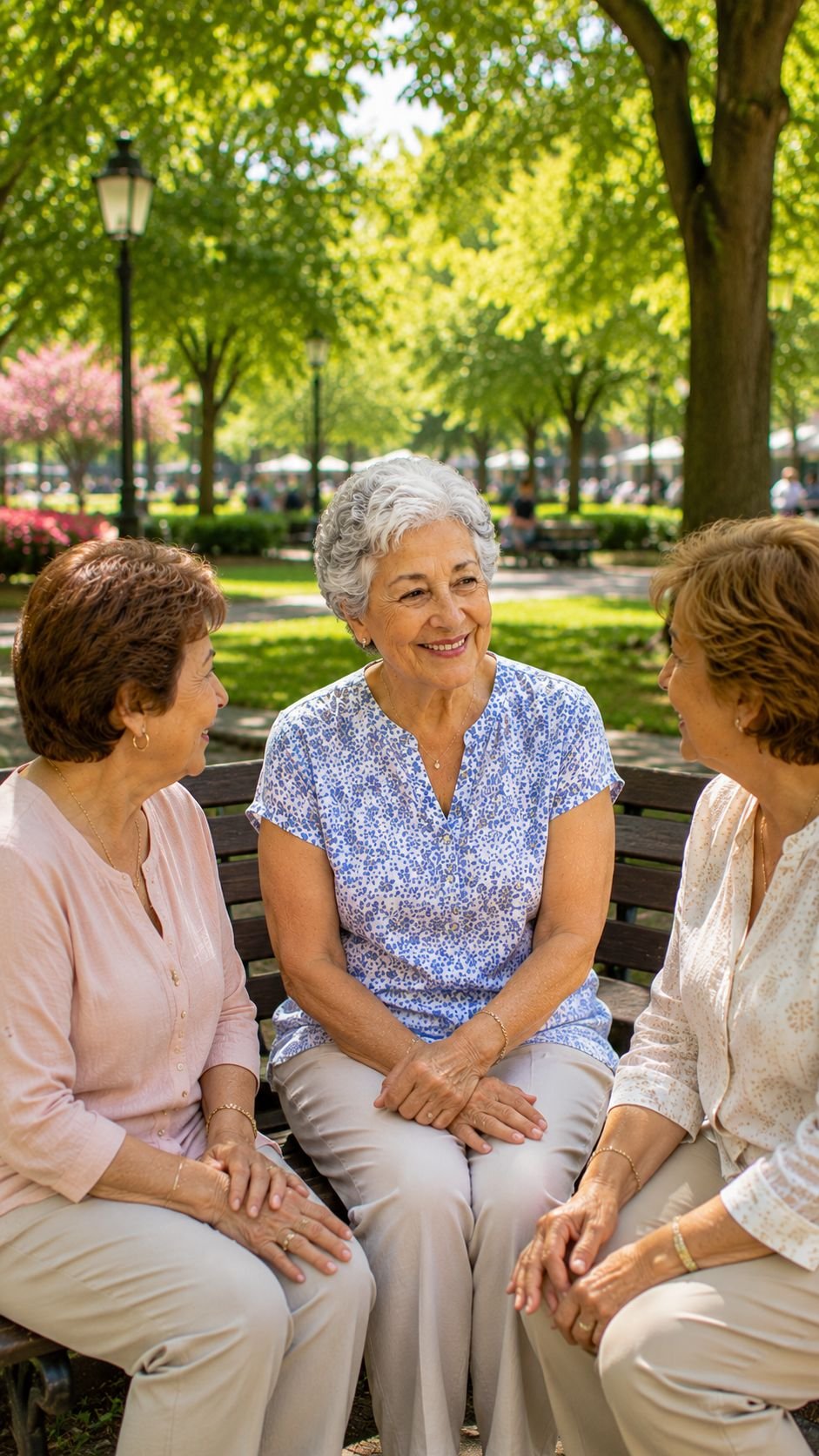 La señora con sus amigas sentadas en un banco del parque