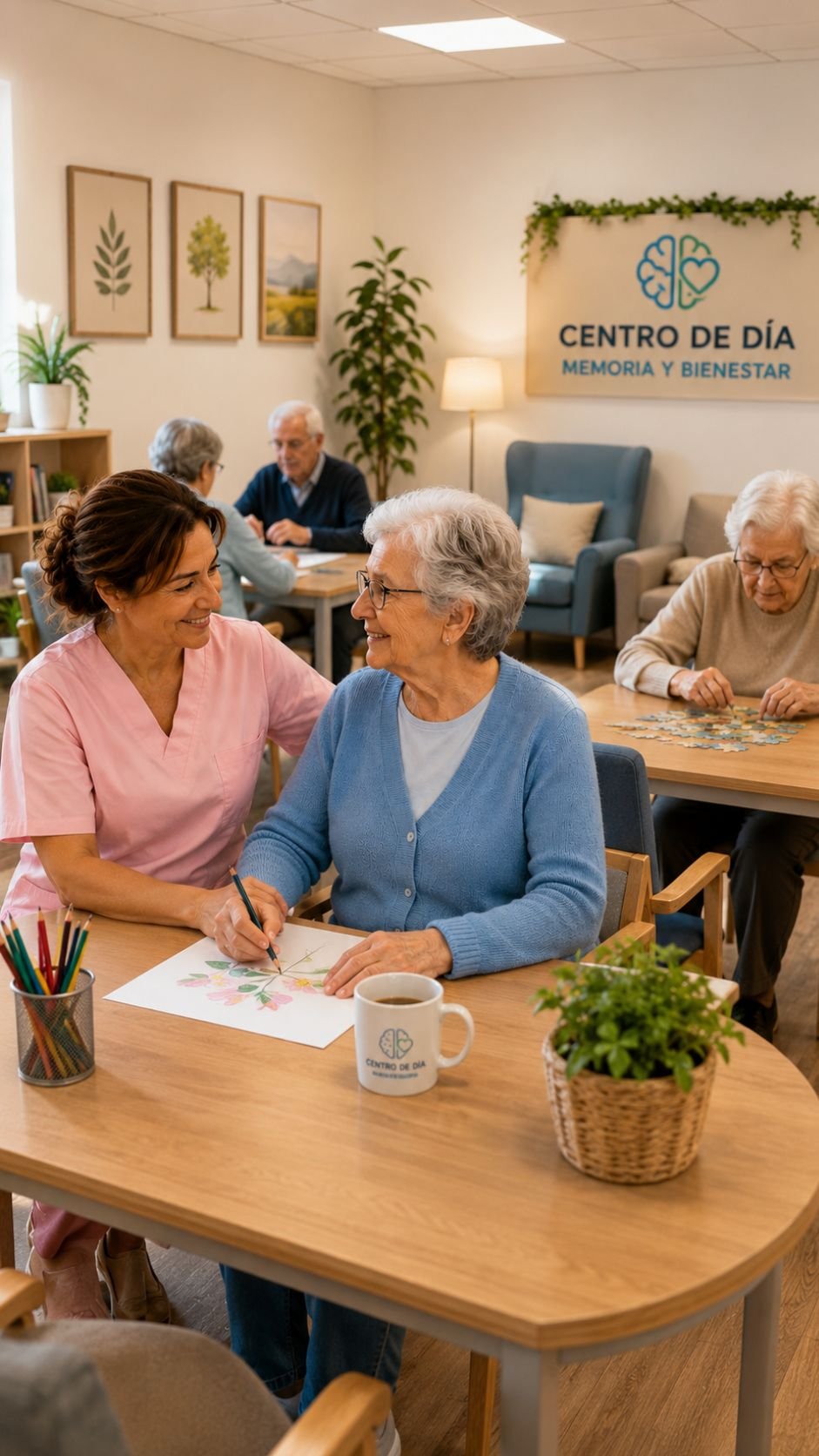 Elena dentro de la residencia haciendo actividades con la señora
